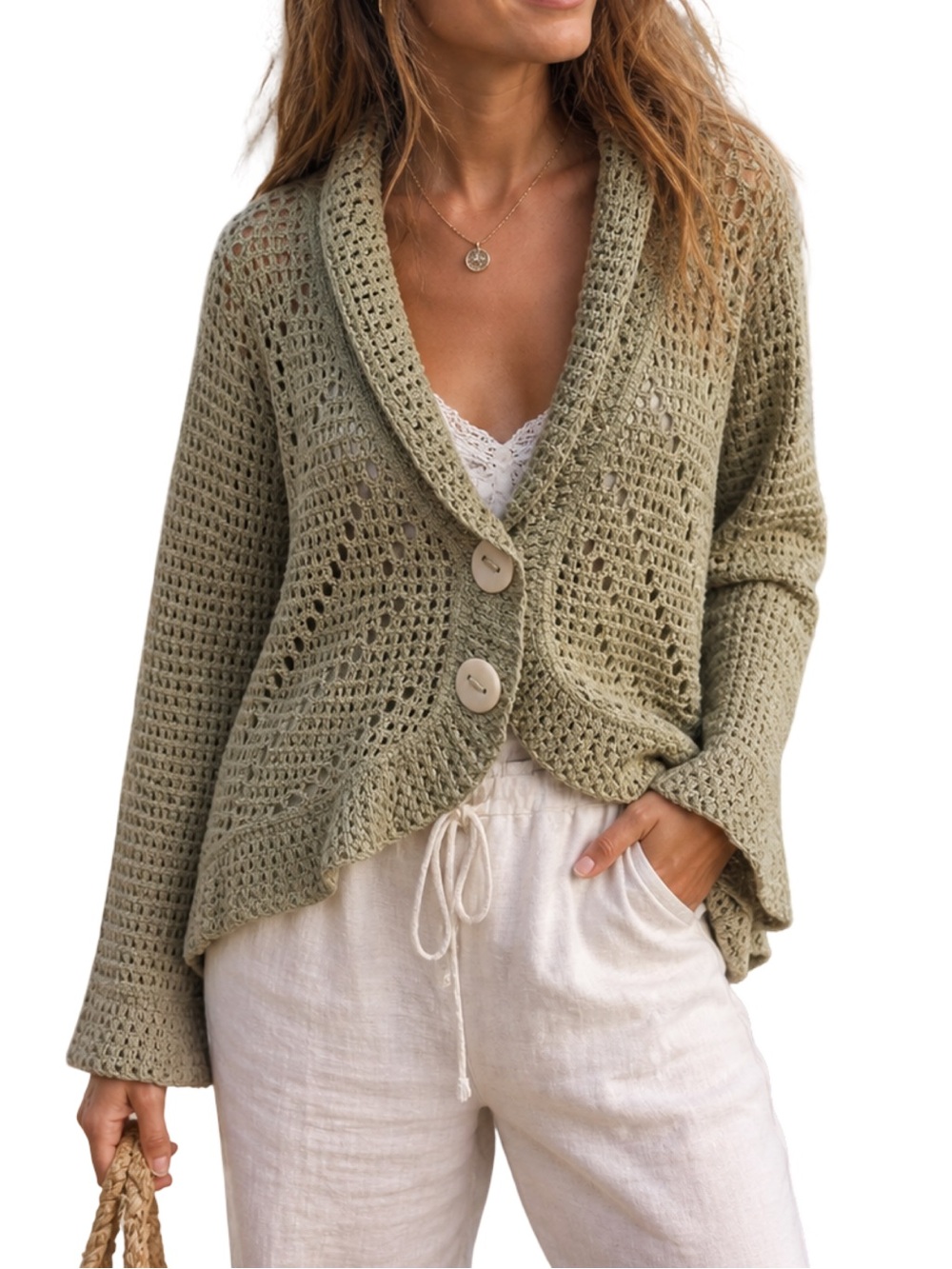 Vintage Willow 90s Boho Coastal Crochet Style Cardigan Size Medium